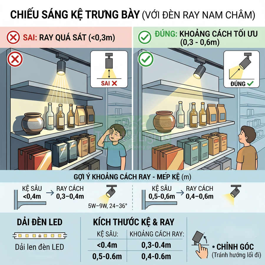 Hướng dẫn bố trí đèn ray nam châm chiếu sáng kệ trưng bày hàng hóa trong cửa hàng