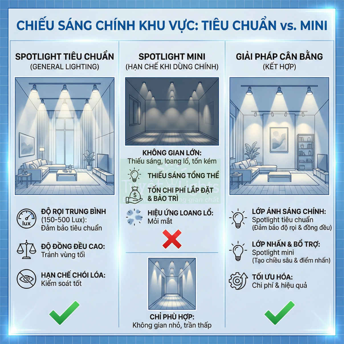 So sánh chiếu sáng phòng khách bằng spotlight tiêu chuẩn, spotlight mini và giải pháp kết hợp tối ưu