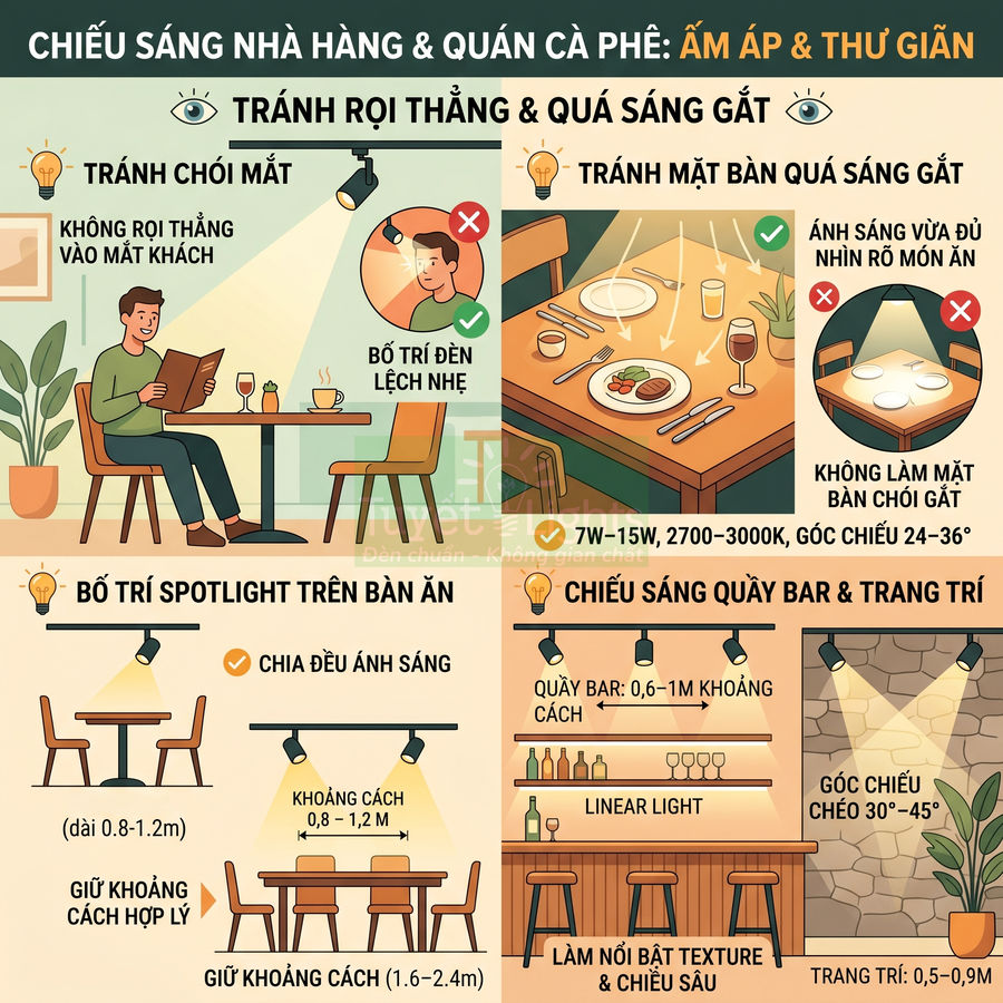Hướng dẫn bố trí đèn chiếu sáng ấm áp thư giãn cho nhà hàng và quán cà phê, tập trung vào đèn spotlight và linear light