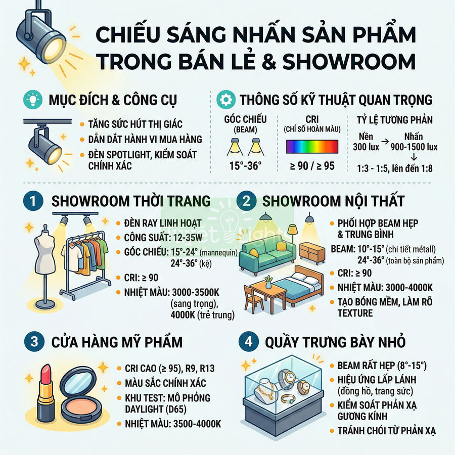 Infographic hướng dẫn chiếu sáng nhấn sản phẩm cho showroom thời trang nội thất cửa hàng mỹ phẩm và quầy trưng bày