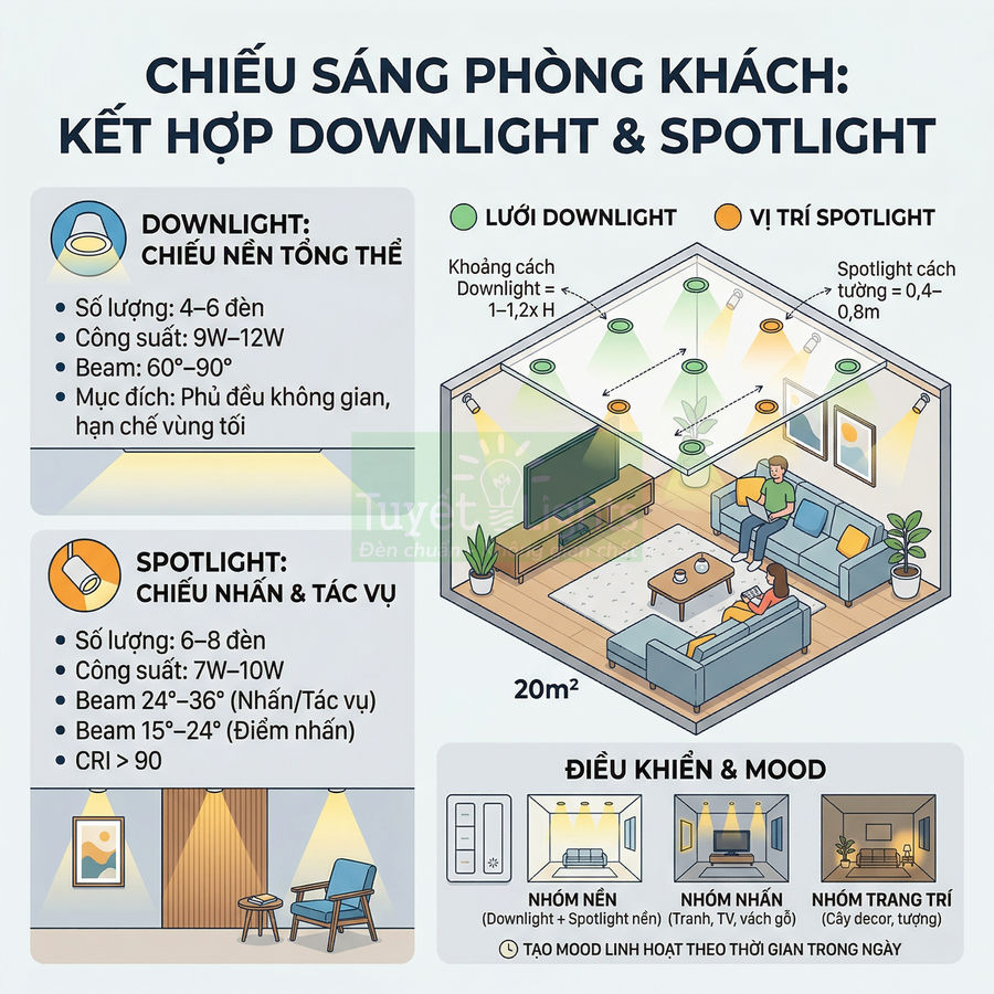 Sơ đồ bố trí đèn downlight và spotlight tối ưu chiếu sáng phòng khách 20m2