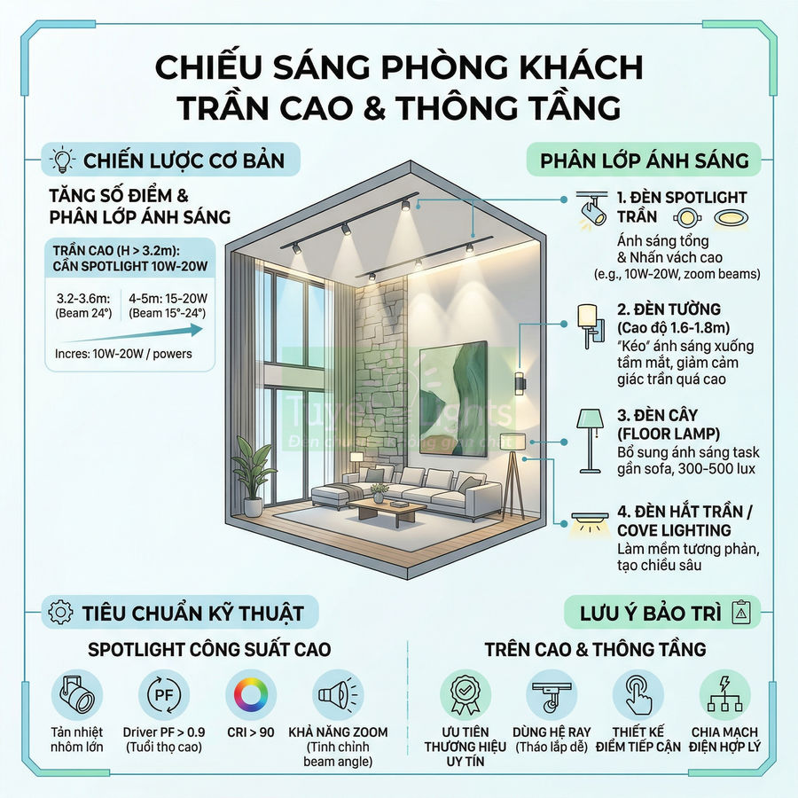 Giải pháp chiếu sáng phòng khách trần cao với đèn spotlight trần, đèn tường và đèn cây hiện đại