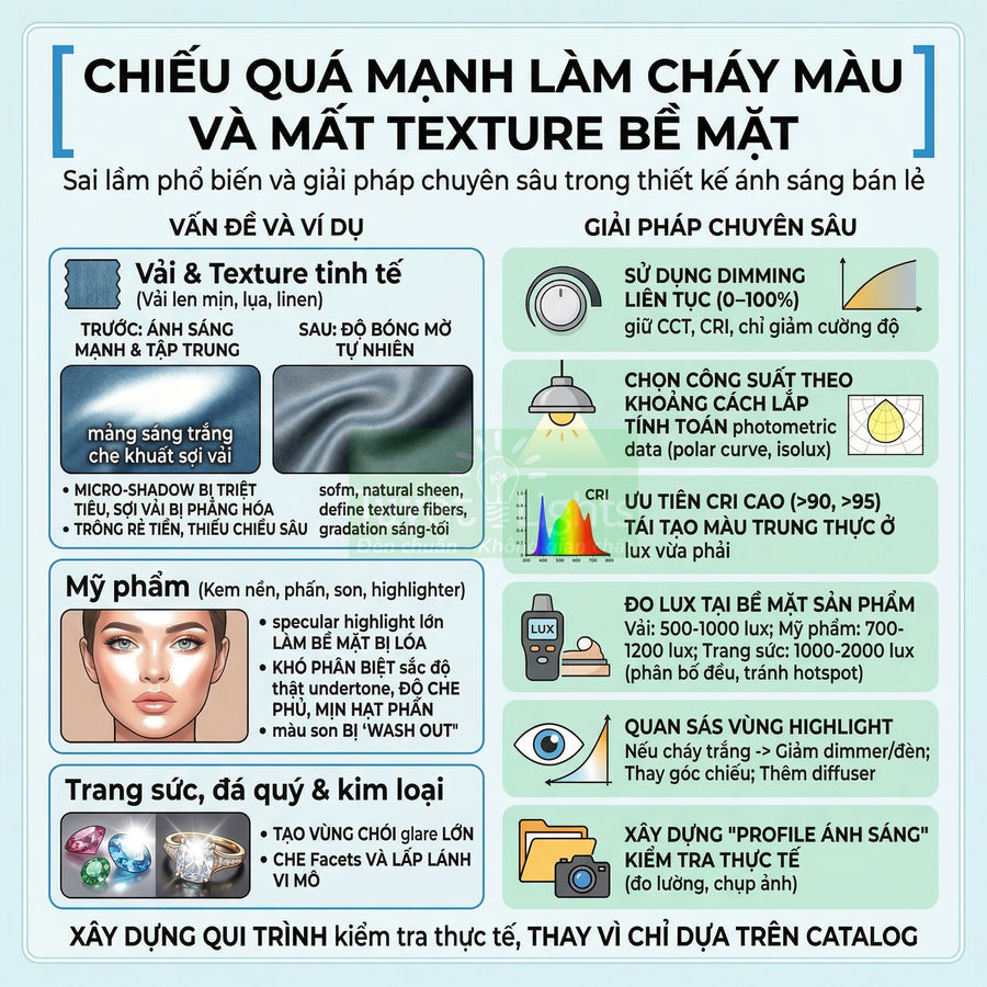 Infographic hướng dẫn thiết kế ánh sáng chụp sản phẩm vải, mỹ phẩm, trang sức tránh cháy màu và mất texture