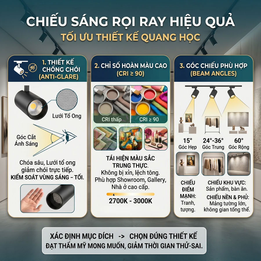 Đèn rọi ray chống chói chỉ số hoàn màu cao và nhiều góc chiếu cho showroom và không gian nội thất