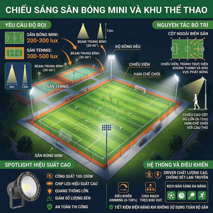 Hệ thống đèn LED chiếu sáng sân bóng mini và sân tennis ngoài trời với cột đèn cao và spotlight hiệu suất cao