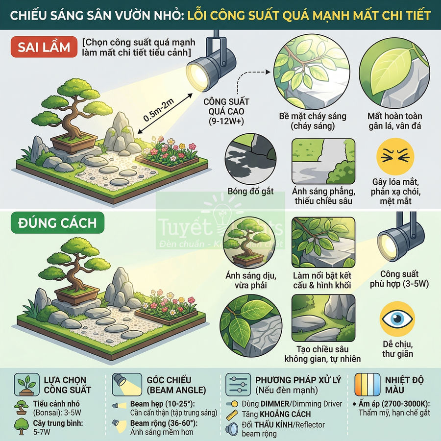 Infographic hướng dẫn chọn công suất đèn chiếu sáng sân vườn nhỏ cho tiểu cảnh bonsai và lối đi ngoài trời