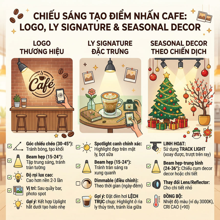 Minh họa quán cafe với logo tường gạch, ly latte art trên bàn gỗ và trang trí Giáng Sinh nhiều đèn spotlight