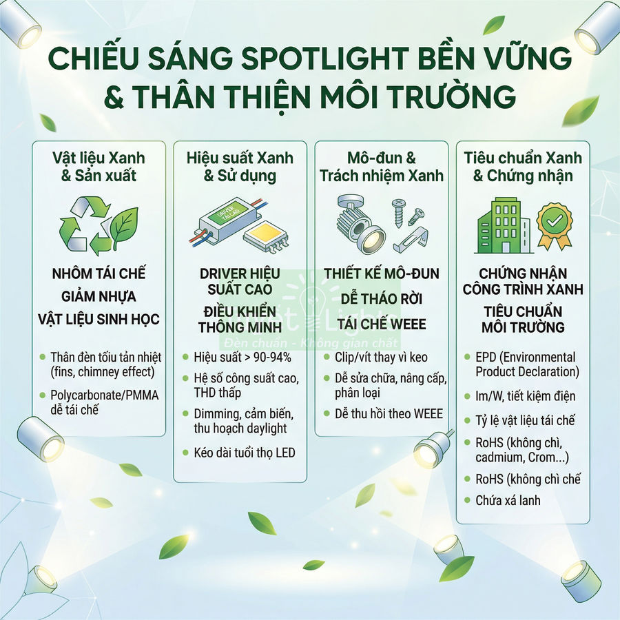Infographic đèn spotlight LED bền vững, vật liệu tái chế, hiệu suất cao, thiết kế mô đun dễ tháo lắp và chứng nhận xanh
