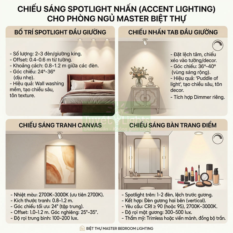 Hướng dẫn bố trí đèn spotlight nhấn cho phòng ngủ master biệt thự với giường, tab đầu giường, tranh canvas và bàn trang điểm