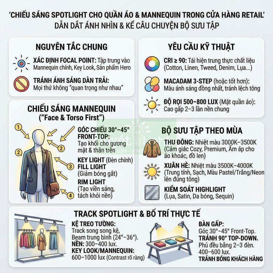 Hướng dẫn chiếu sáng spotlight cho quần áo và mannequin trong cửa hàng retail để làm nổi bật bộ sưu tập