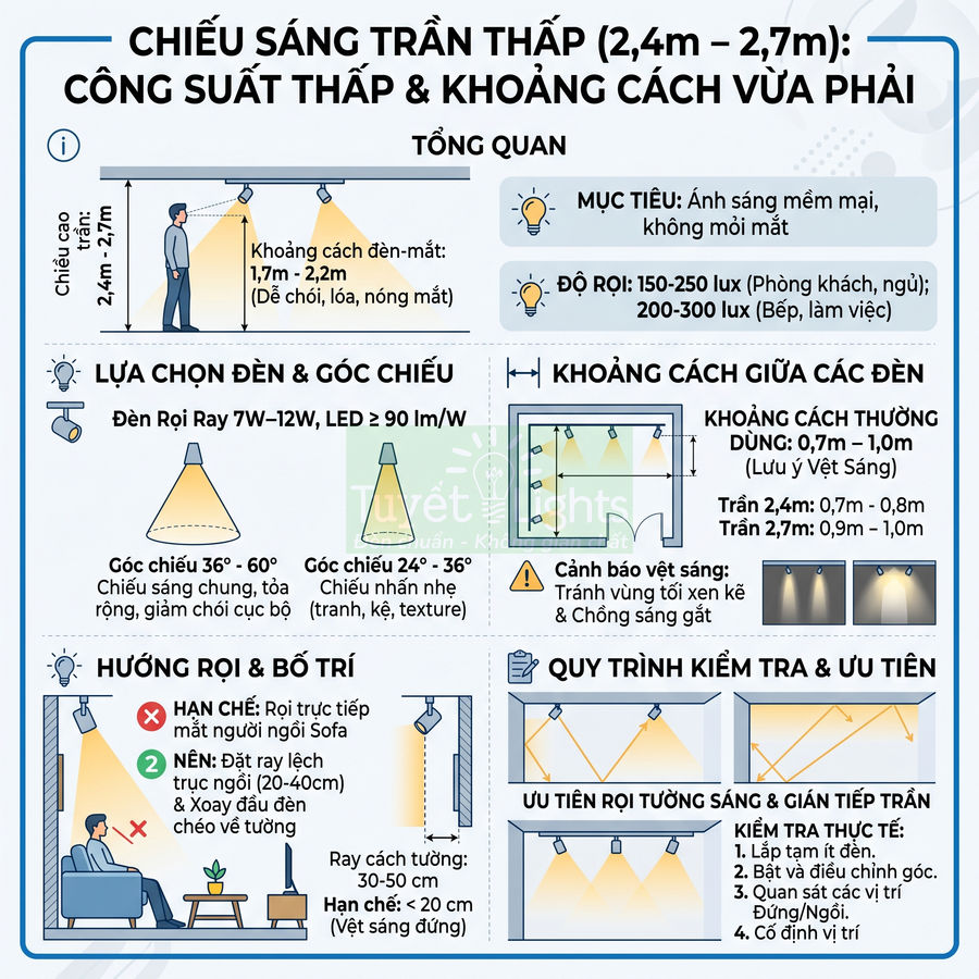 Hướng dẫn bố trí đèn rọi ray LED cho trần thấp 2,4m đến 2,7m với khoảng cách và góc chiếu hợp lý