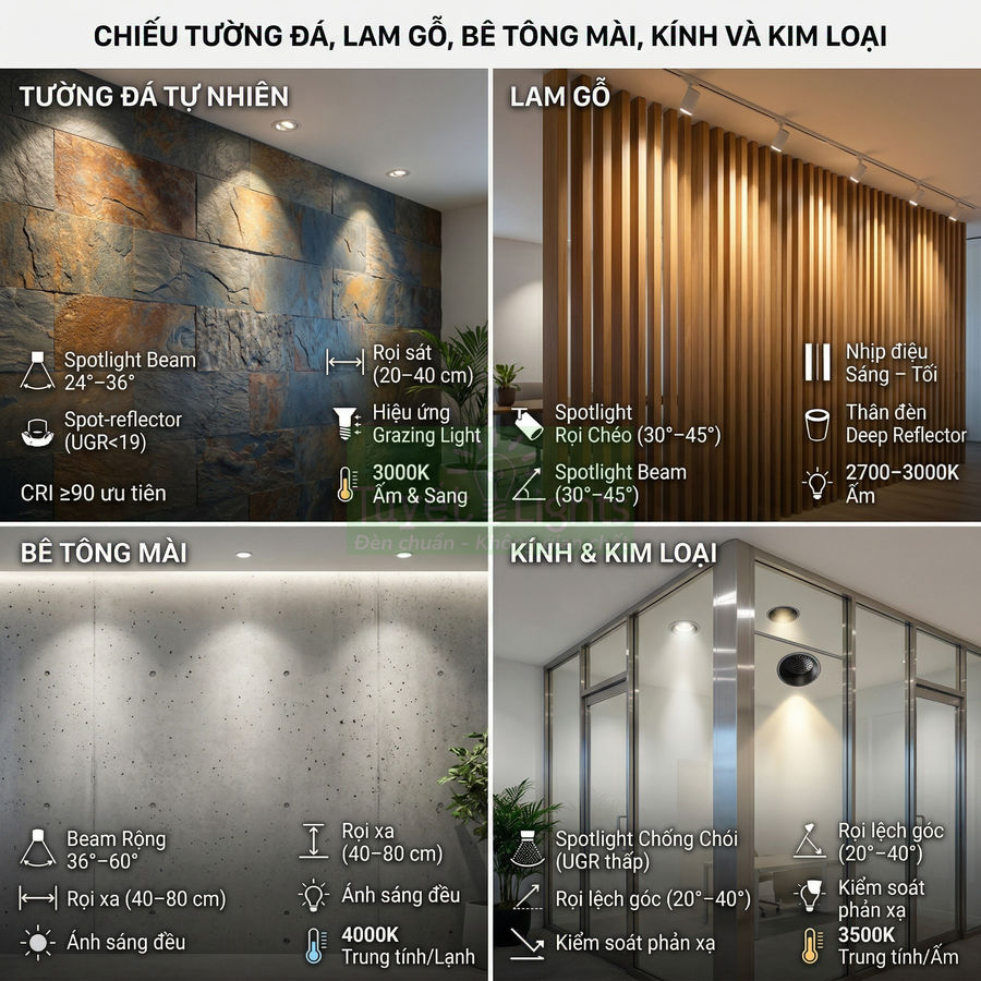 Giải pháp chiếu sáng spotlight cho tường đá, lam gỗ, bê tông mài, kính và kim loại trong nội thất hiện đại