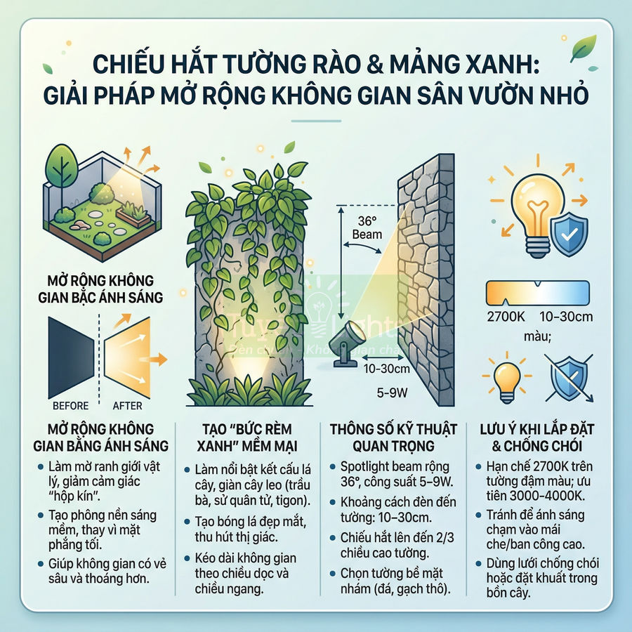 Infographic hướng dẫn chiếu đèn spotlight tường rào và mảng xanh để mở rộng không gian sân vườn nhỏ