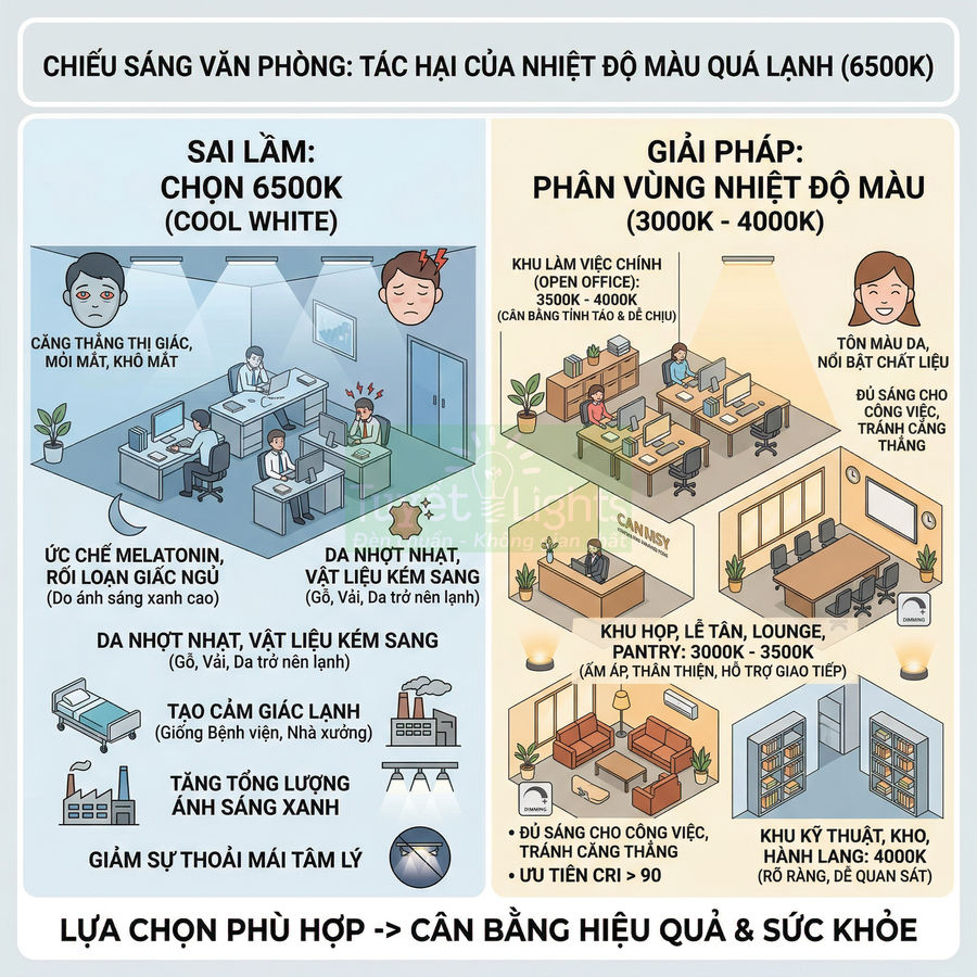 Infographic so sánh tác hại ánh sáng 6500K và giải pháp chiếu sáng văn phòng 3000K 4000K