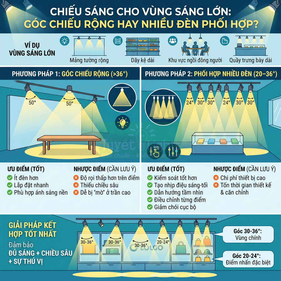 Infographic so sánh chiếu sáng góc chiếu rộng và phối hợp nhiều đèn cho vùng sáng lớn trong cửa hàng