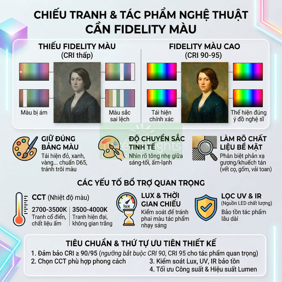 Infographic hướng dẫn chiếu tranh và tác phẩm nghệ thuật với fidelity màu cao, so sánh CRI thấp và CRI 90-95