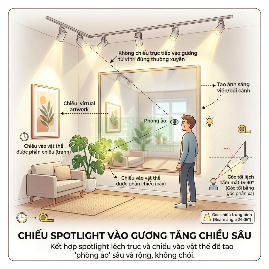 Đèn spotlight chiếu vào gương lớn trong phòng khách tạo chiều sâu, phản chiếu sofa cây tranh trang trí