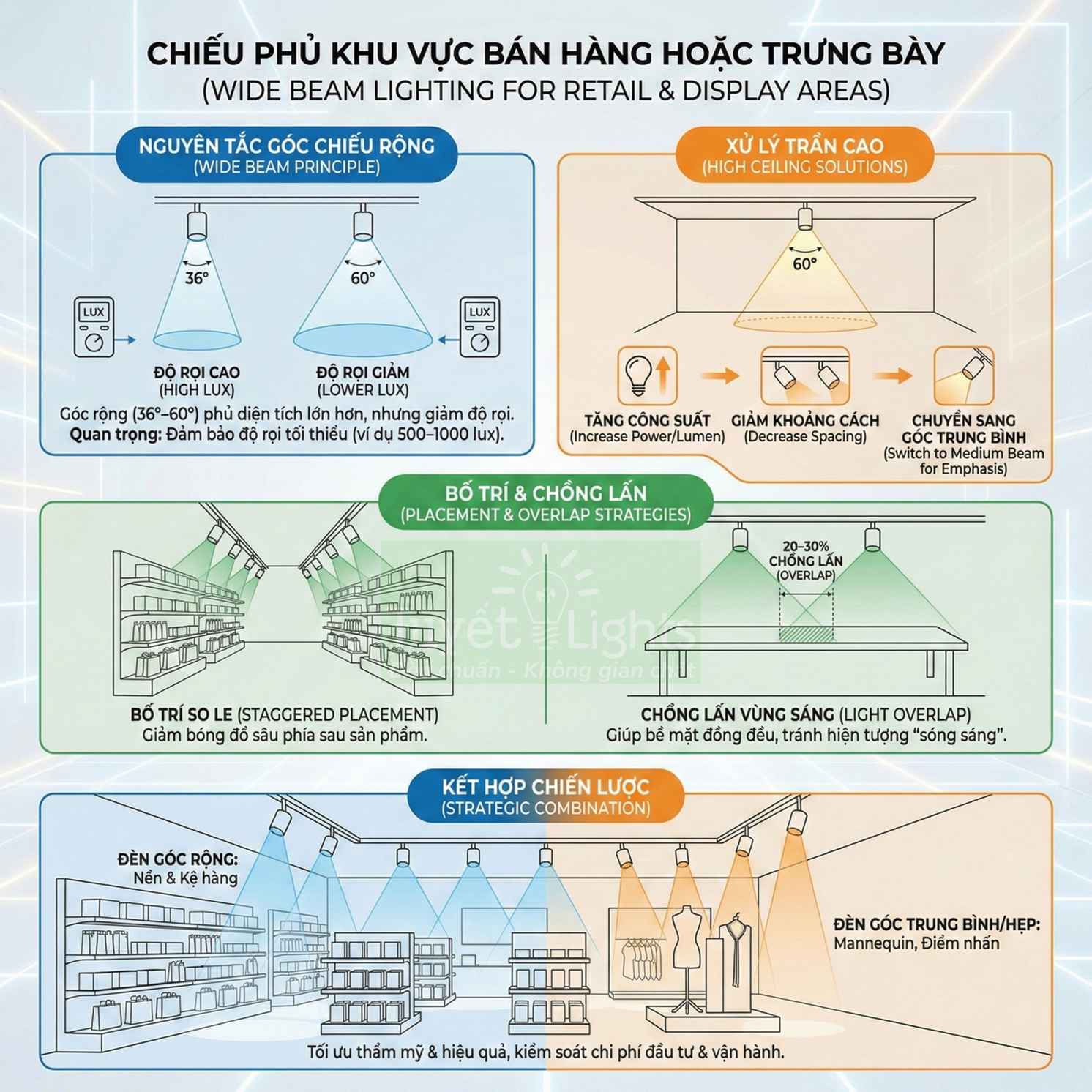 Hướng dẫn chiếu sáng góc chiếu rộng cho khu vực bán hàng trưng bày sản phẩm trong cửa hàng bán lẻ