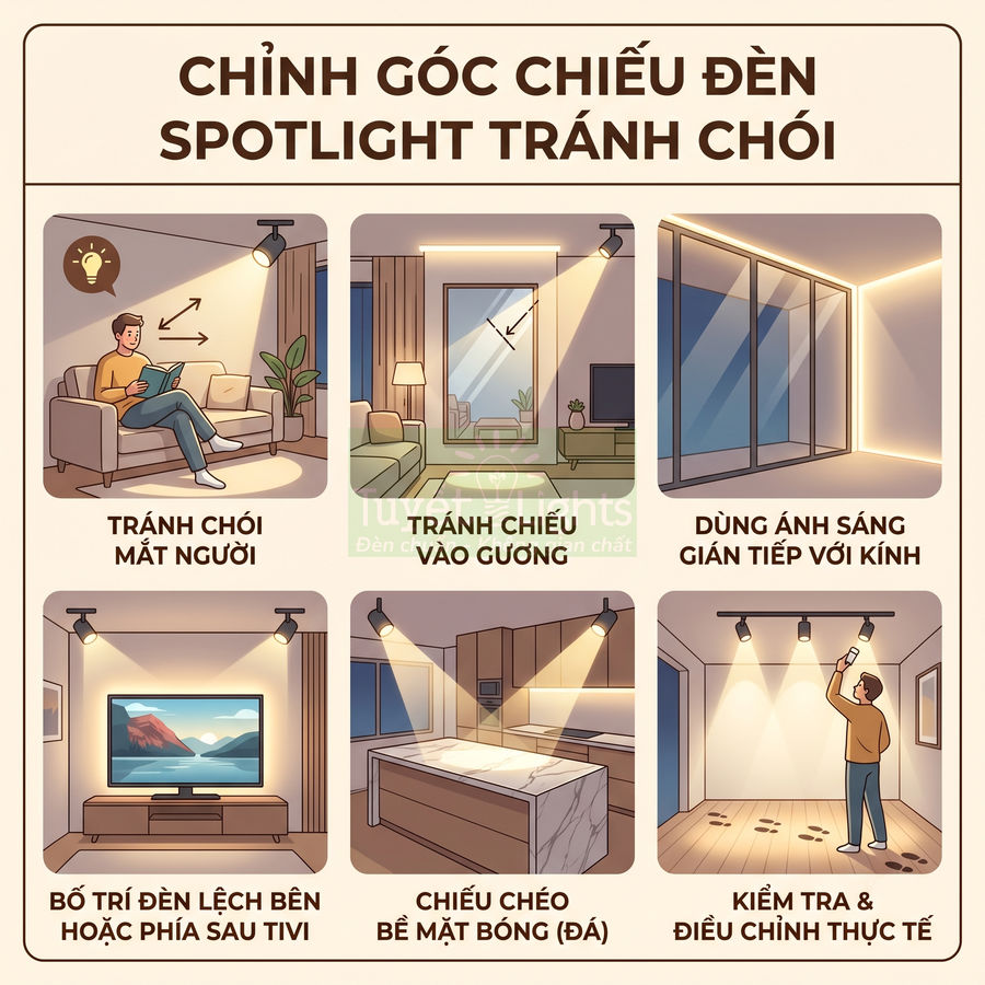 Hướng dẫn chỉnh góc chiếu đèn spotlight trong phòng khách và bếp để tránh chói và phản xạ ánh sáng