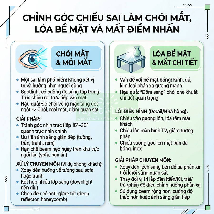 Infographic hướng dẫn chỉnh góc chiếu đèn để tránh chói mắt, lóa bề mặt và mất điểm nhấn trong không gian nội thất