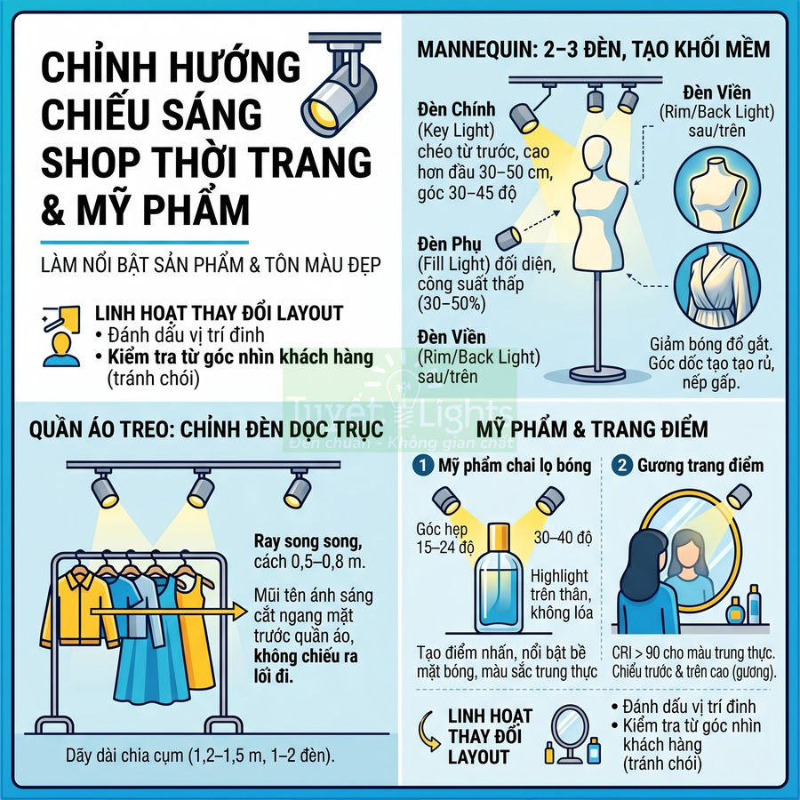 Hướng dẫn bố trí đèn chiếu sáng cho shop thời trang và mỹ phẩm làm nổi bật quần áo, mannequin và kệ trang điểm