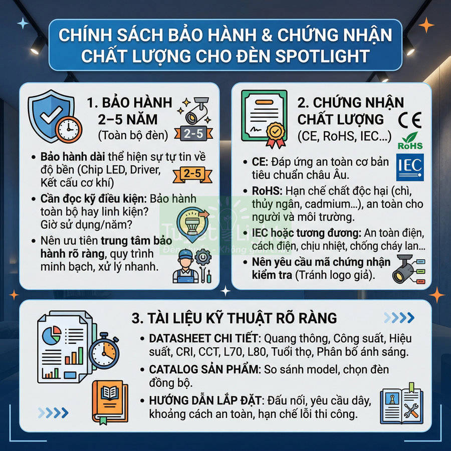 Chính sách bảo hành 2 đến 5 năm và chứng nhận chất lượng CE RoHS IEC cho đèn spotlight