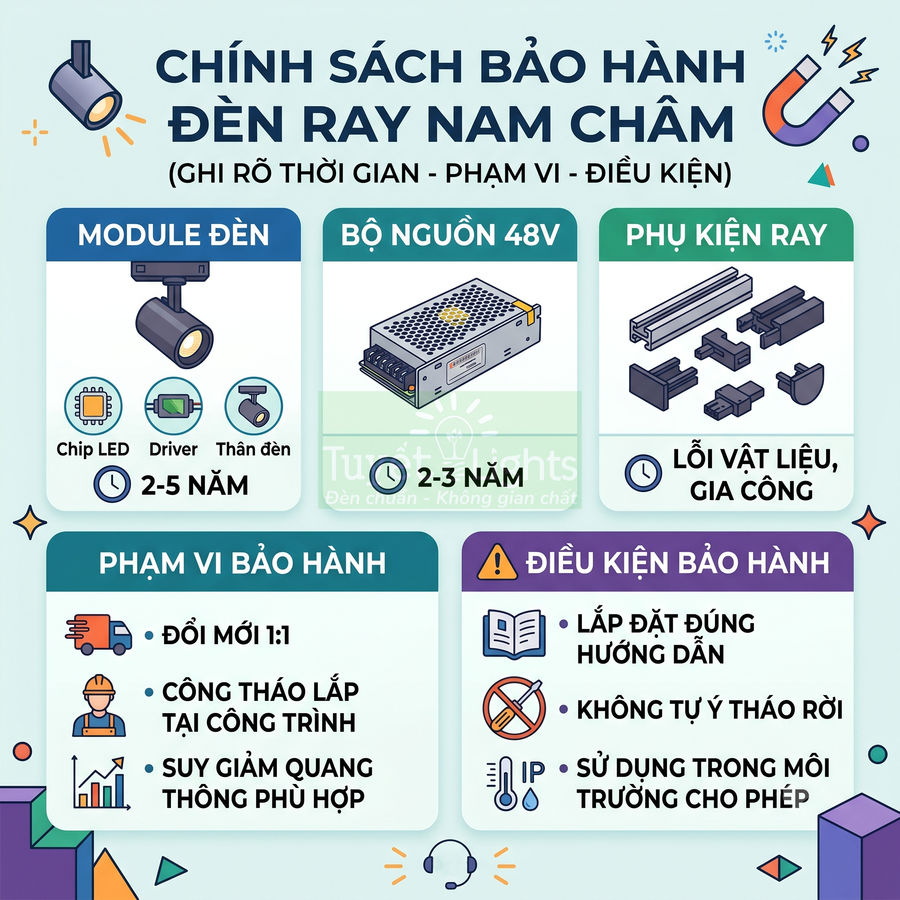 Chính sách bảo hành đèn ray nam châm, module đèn, bộ nguồn 48V và phụ kiện ray kèm điều kiện sử dụng