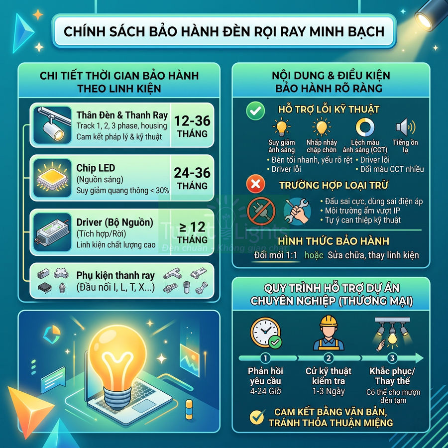 Chính sách bảo hành đèn rọi ray minh bạch với thời gian bảo hành linh kiện và quy trình hỗ trợ kỹ thuật