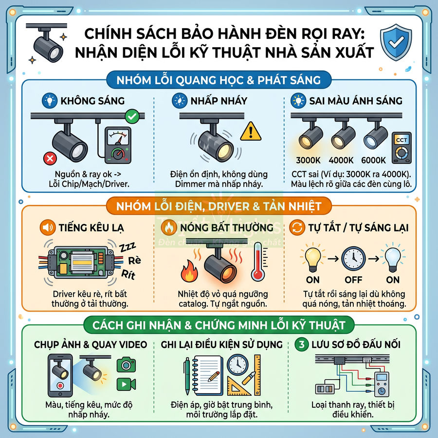 Infographic chính sách bảo hành đèn rọi ray, nhận diện lỗi quang học, điện, driver và cách ghi nhận lỗi kỹ thuật