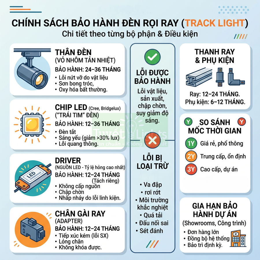 Infographic chính sách bảo hành đèn rọi ray track light, thời gian bảo hành từng bộ phận và điều kiện áp dụng