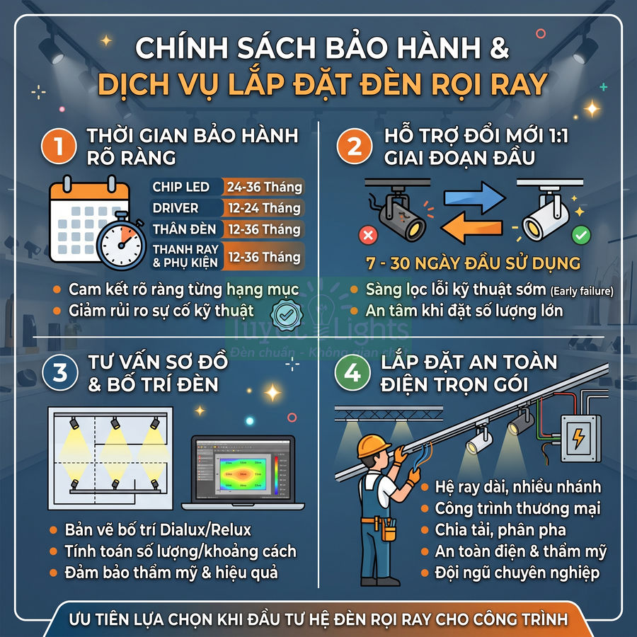 Chính sách bảo hành và dịch vụ lắp đặt đèn rọi ray cho công trình, tư vấn bố trí và lắp đặt an toàn trọn gói