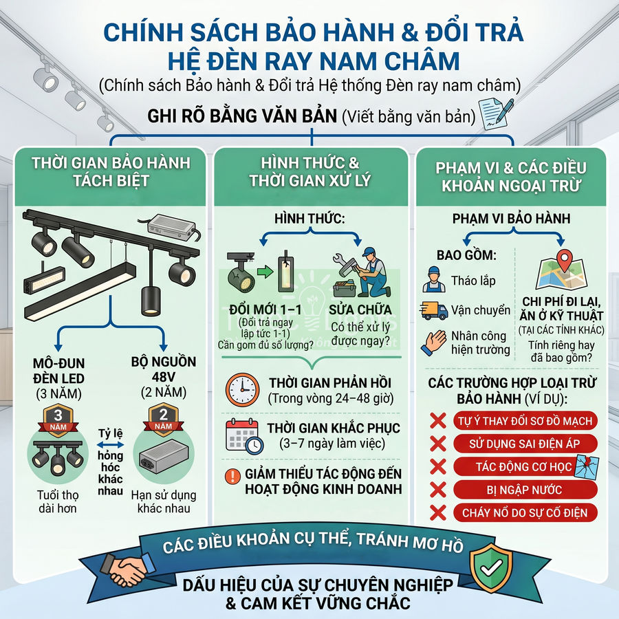 Infographic chính sách bảo hành và đổi trả hệ đèn ray nam châm, mô tả thời gian và phạm vi bảo hành