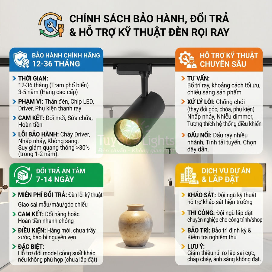 Chính sách bảo hành đổi trả và hỗ trợ kỹ thuật đèn rọi ray Tuyết Lights chiếu sáng bình gốm trong phòng trưng bày