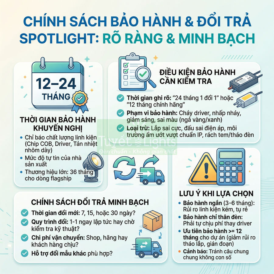 Infographic chính sách bảo hành và đổi trả đèn LED Spotlight rõ ràng minh bạch
