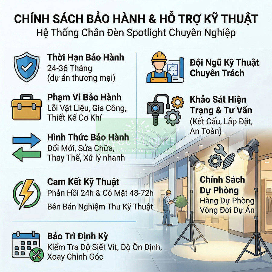 Chính sách bảo hành và hỗ trợ kỹ thuật cho hệ thống chân đèn spotlight chuyên nghiệp trong showroom