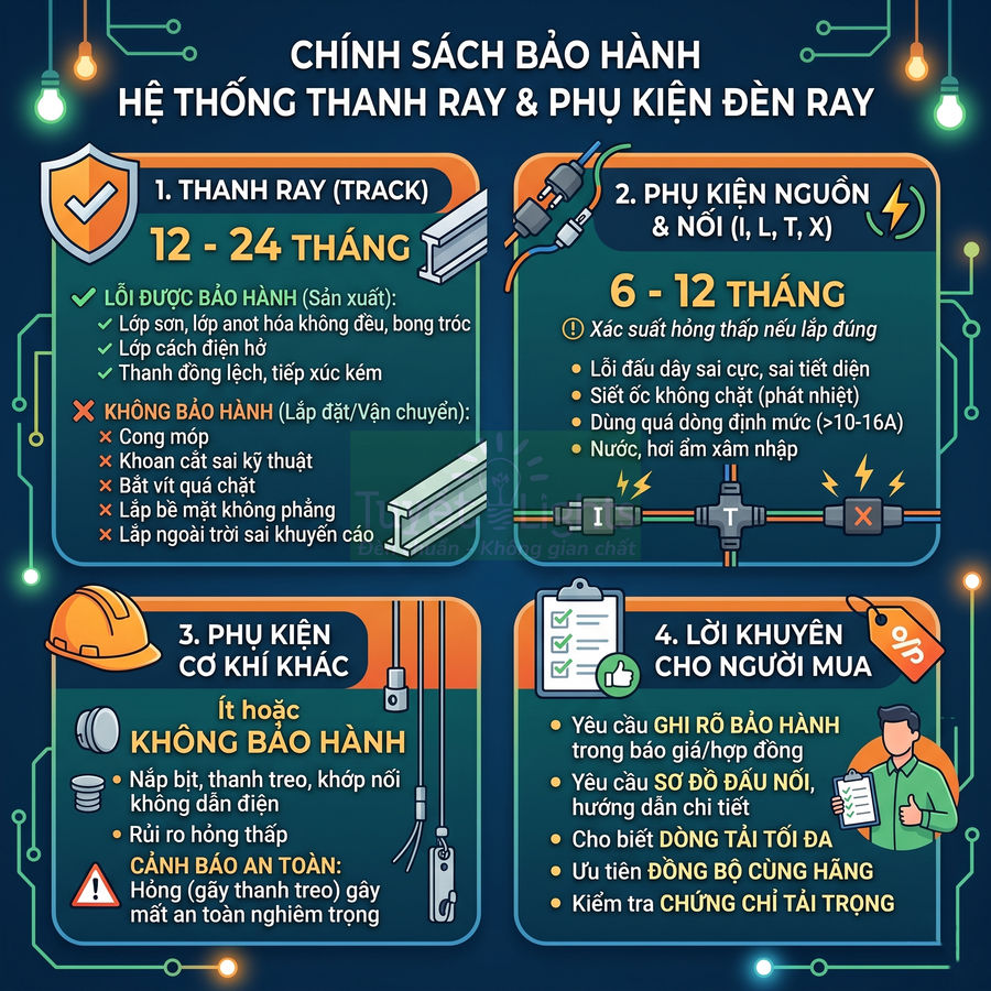 Chính sách bảo hành hệ thống thanh ray và phụ kiện đèn ray, thời gian bảo hành và lưu ý cho người mua