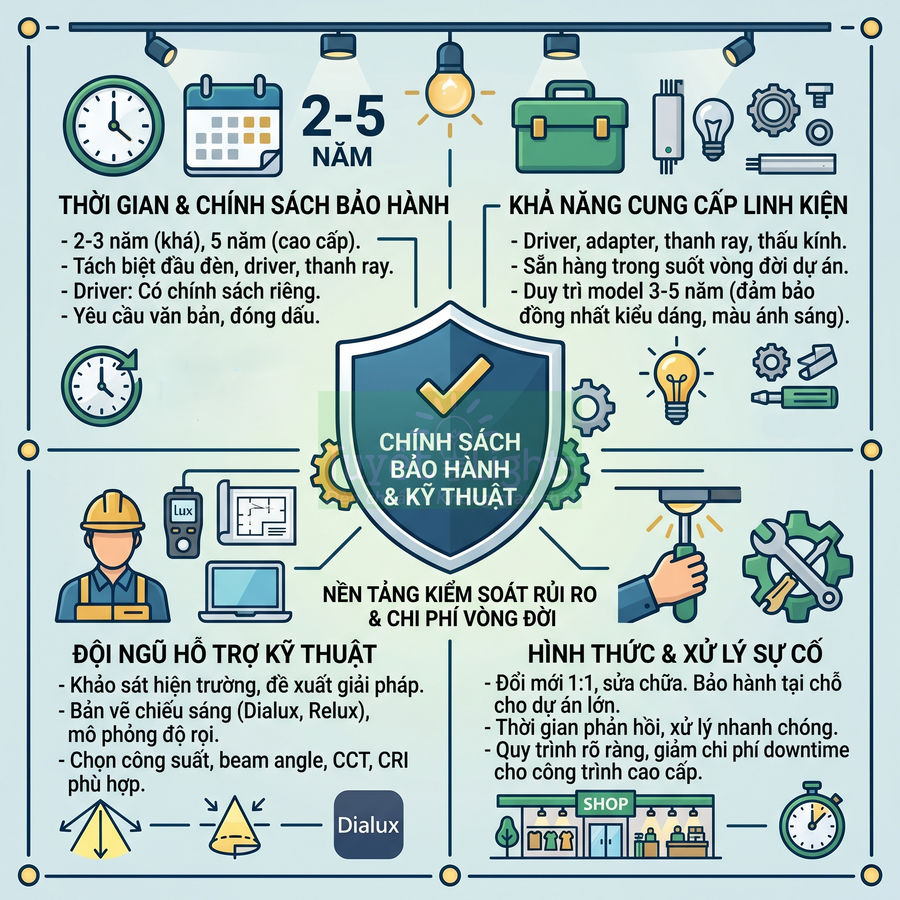 Infographic chính sách bảo hành và kỹ thuật cho hệ thống đèn chiếu sáng, linh kiện và dịch vụ hỗ trợ kỹ thuật