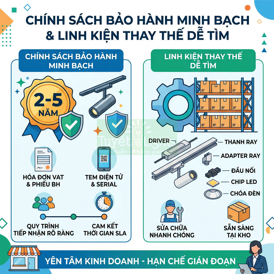 Infographic chính sách bảo hành 2-5 năm và linh kiện đèn ray LED thay thế dễ tìm, sửa chữa nhanh chóng