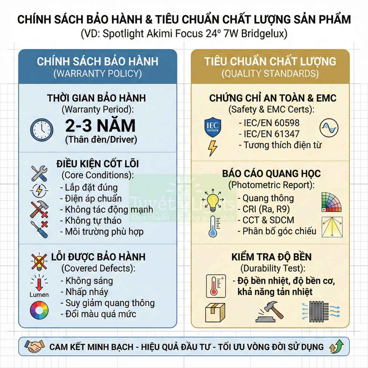 Chính sách bảo hành và tiêu chuẩn chất lượng đèn spotlight Akimi Focus 24 độ 7W Bridgelux