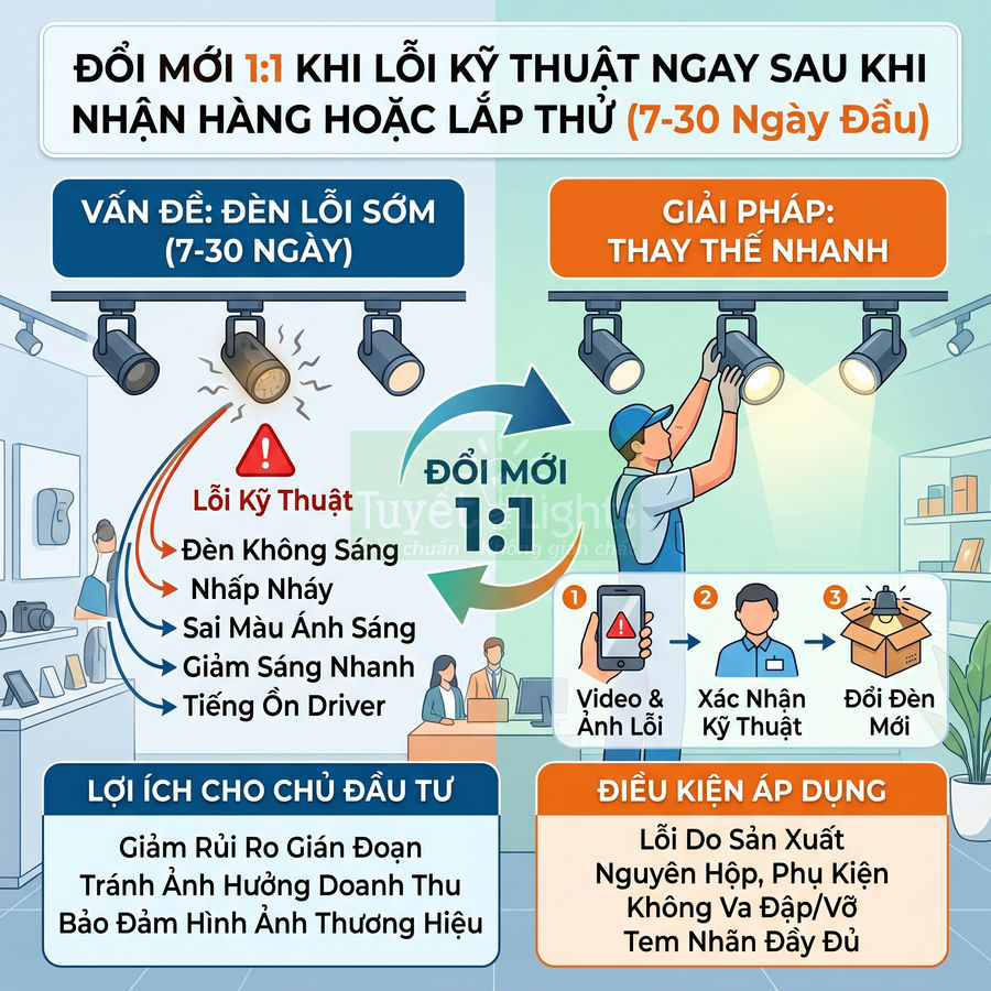 Chính sách đổi mới 1 đổi 1 cho đèn rọi ray LED bị lỗi kỹ thuật trong 7 đến 30 ngày đầu