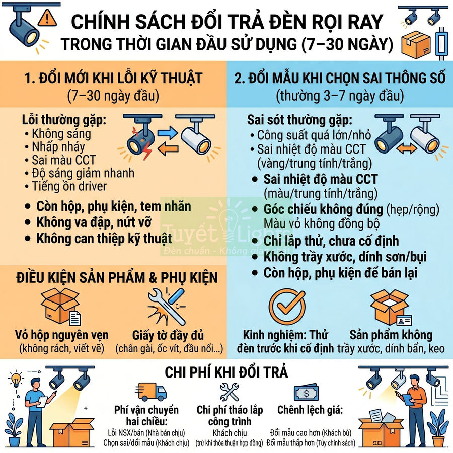 Chính sách đổi trả đèn rọi ray Tuyết Lights trong 7–30 ngày đầu sử dụng, điều kiện và chi phí đổi trả