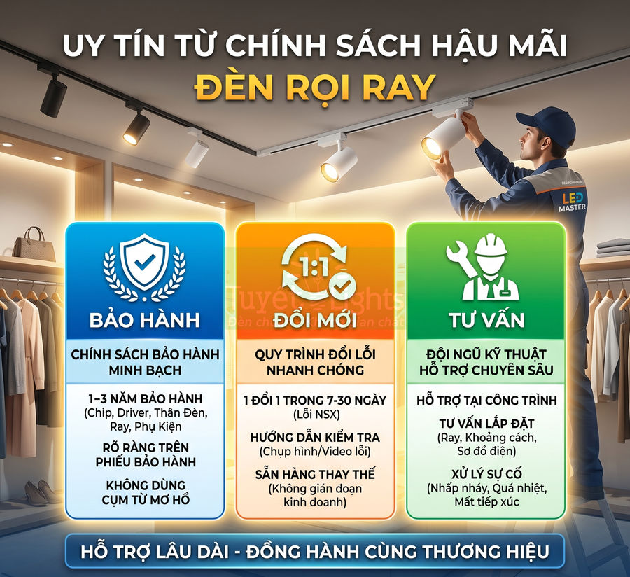 Đèn rọi ray LED trong cửa hàng thời trang với chính sách bảo hành đổi mới và tư vấn kỹ thuật chuyên sâu