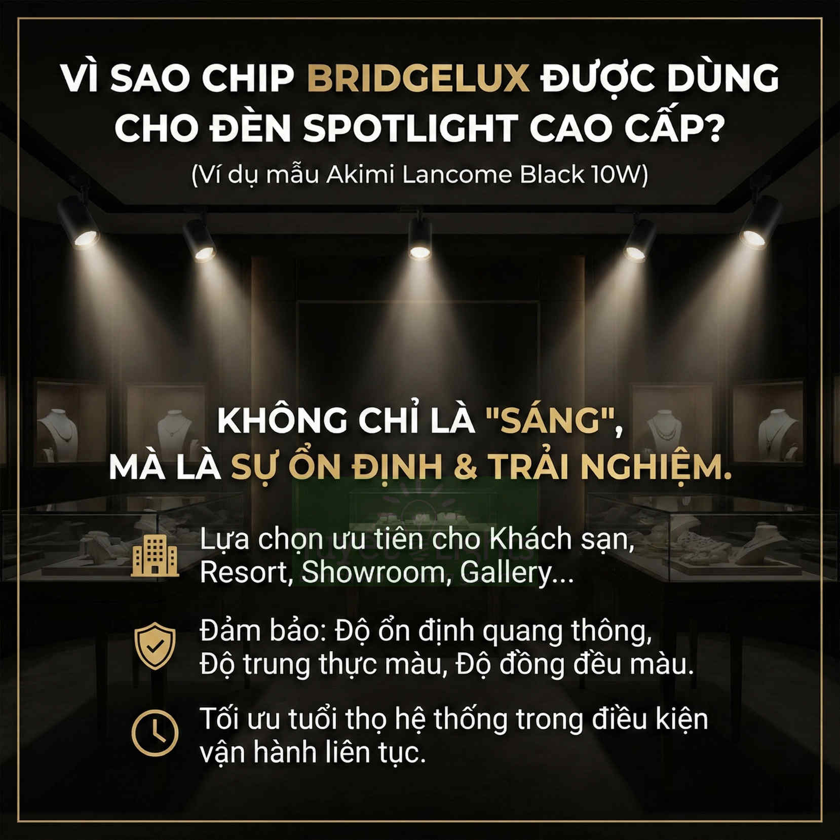 Đèn spotlight Akimi Lancome Black 10W dùng chip Bridgelux chiếu sáng trưng bày cao cấp trong showroom