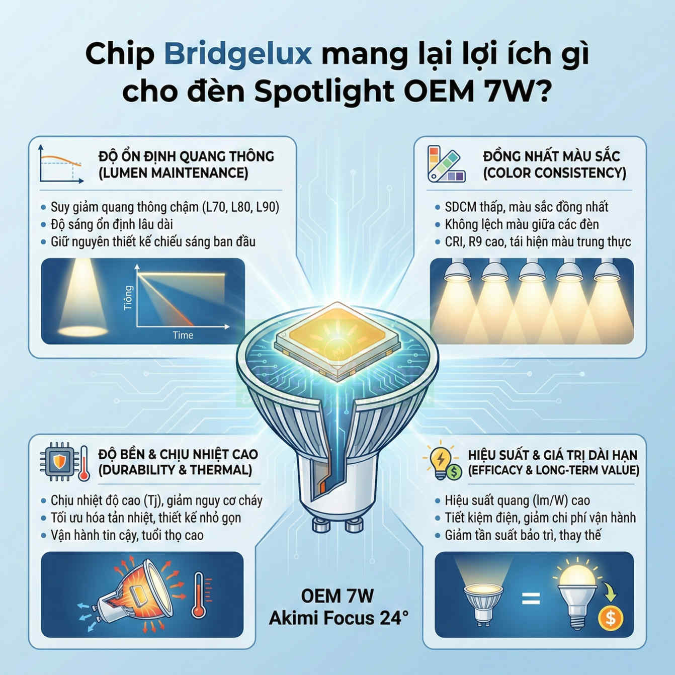 Đèn Spotlight OEM 7W dùng chip Bridgelux Akimi Focus 24 độ, ánh sáng ổn định, bền, hiệu suất cao