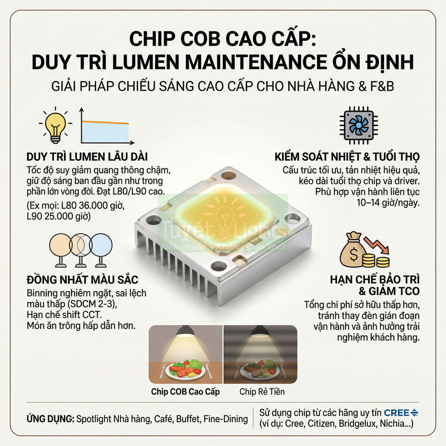 Chip COB cao cấp Cree cho đèn chiếu sáng nhà hàng, kiểm soát nhiệt tốt, duy trì lumen ổn định và màu sắc đồng nhất
