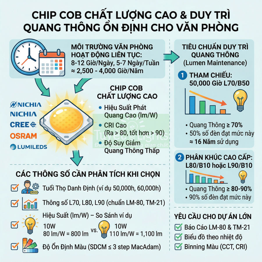 Infographic giới thiệu chip COB Nichia, Cree, Osram, Lumileds cho đèn văn phòng với hiệu suất cao và quang thông ổn định