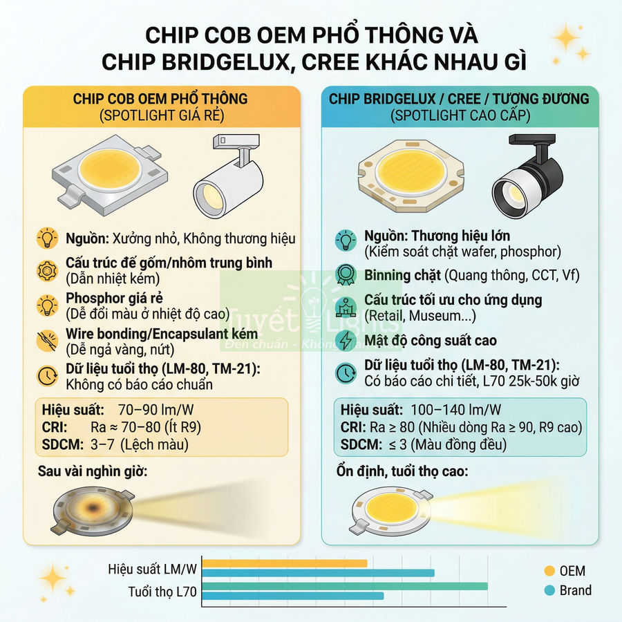So sánh chip LED COB OEM phổ thông với chip Bridgelux Cree cho đèn spotlight cao cấp