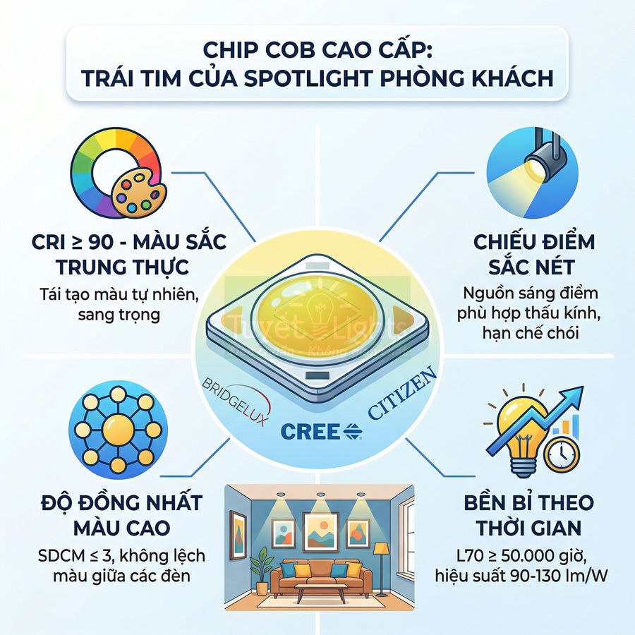 Chip COB cao cấp cho đèn spotlight phòng khách, CRI cao, chiếu điểm sắc nét, bền và đồng nhất màu sắc
