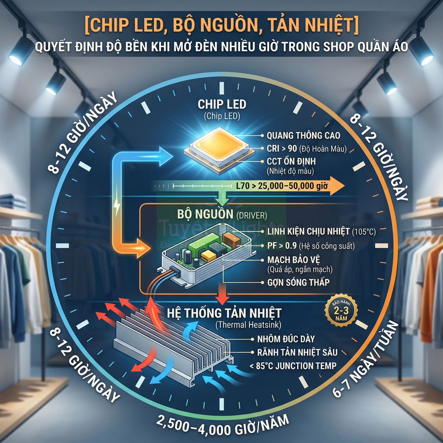 Infographic cấu tạo đèn LED cho shop quần áo với chip LED, bộ nguồn và hệ thống tản nhiệt trong không gian trưng bày