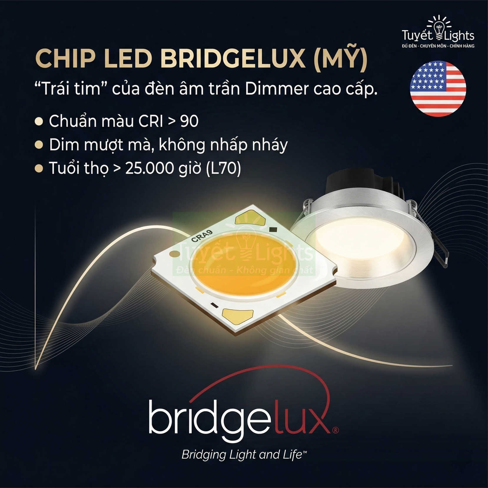 Chip LED Bridgelux Mỹ cho đèn âm trần dimmer cao cấp, ánh sáng vàng, tuổi thọ cao